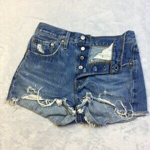 Levis Premium 501 Jean Shorts Size 26 Womans Blue Button Fly High Rise Raw Hem